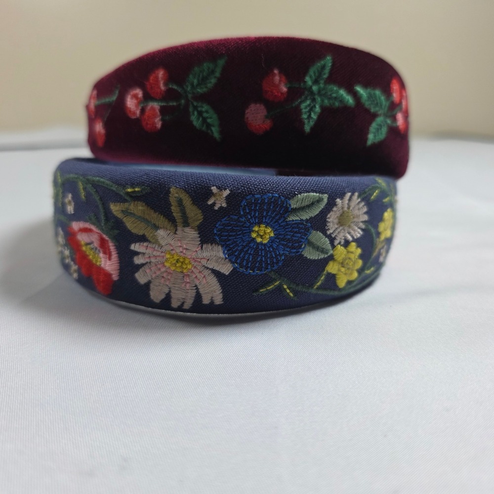 Set of 2 Embroidered Padded Headbands Burgundy Velvet Cherry Navy Blue Floral